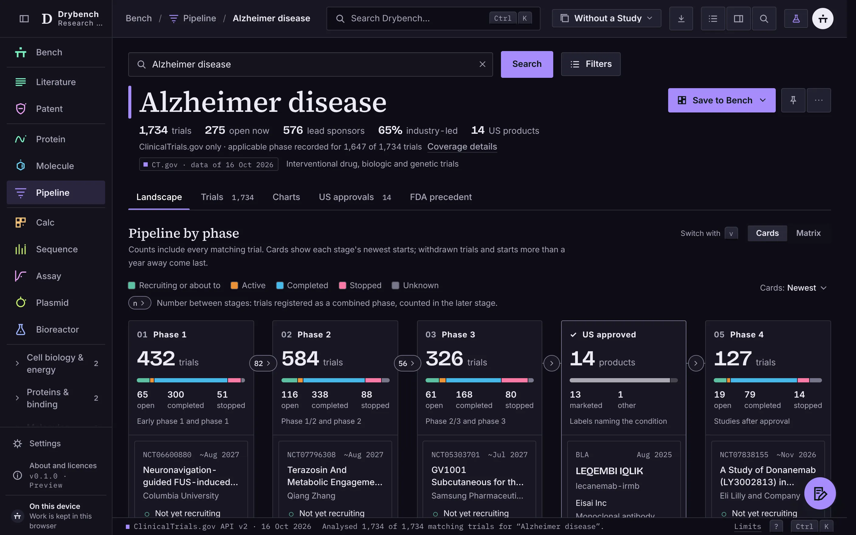 The pipeline app showing Alzheimer disease as Cards: trials by stage from Phase 1 to US approval, and the US products whose label names it.