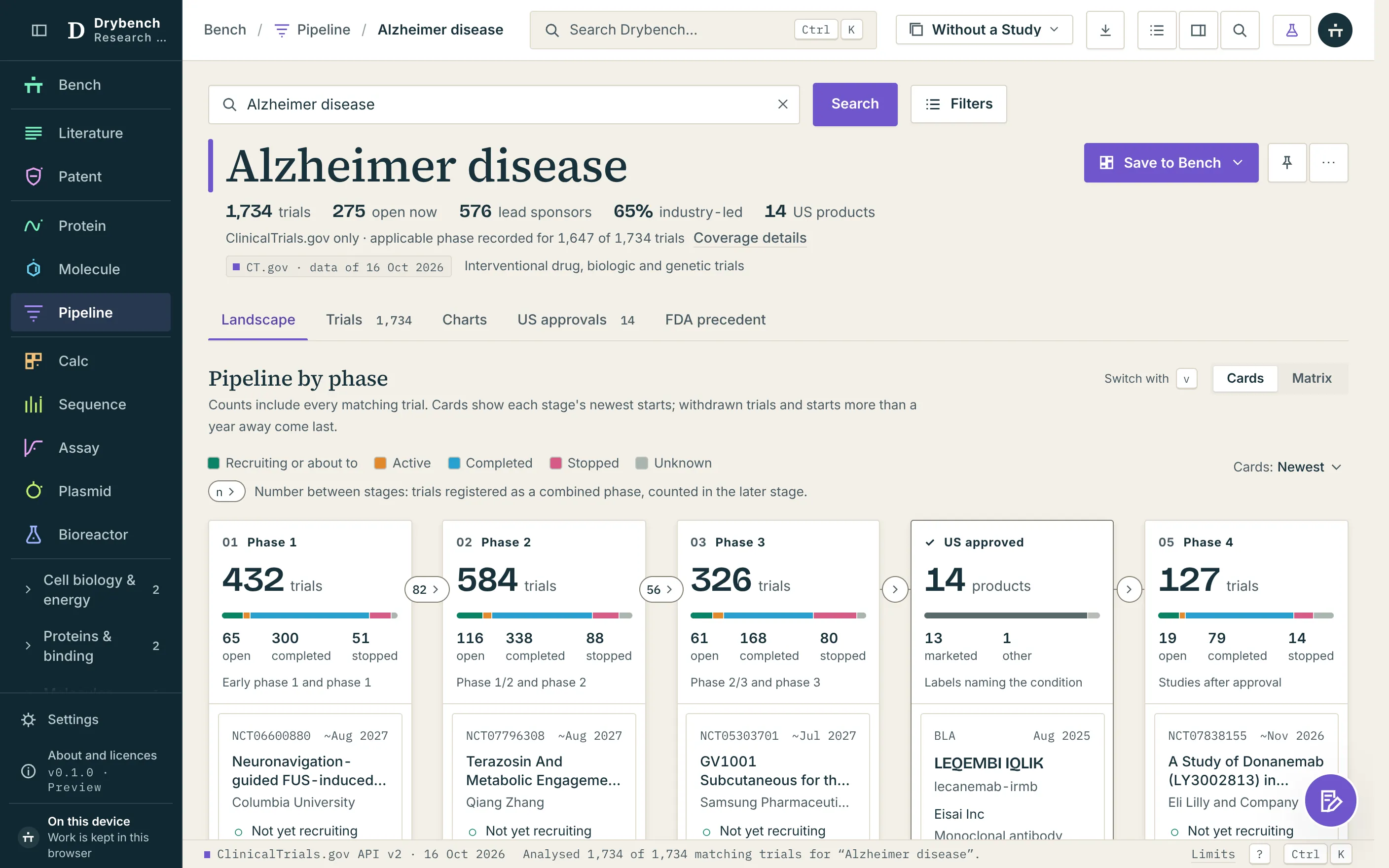 The pipeline app showing Alzheimer disease as Cards: trials by stage from Phase 1 to US approval, and the US products whose label names it.