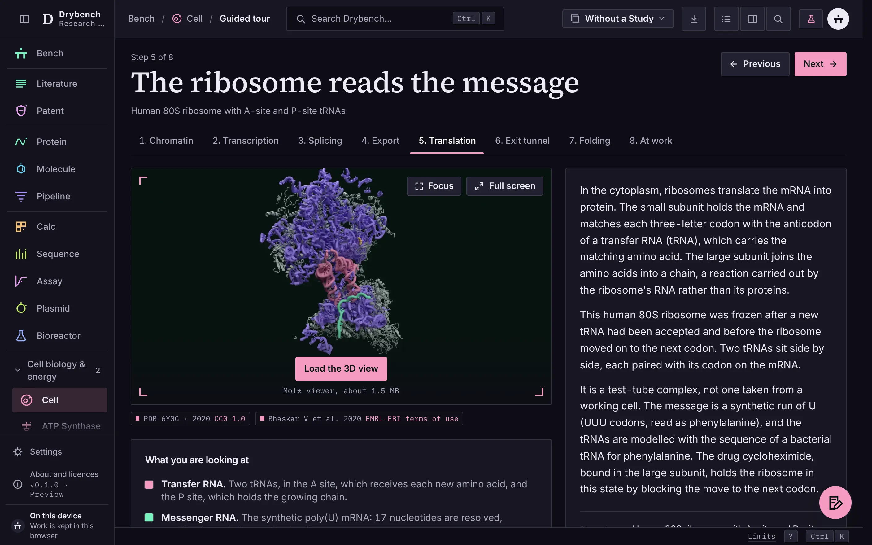 The tour at step 1: the nucleosome still on a dark stage beside the step text, with the eight steps listed.
