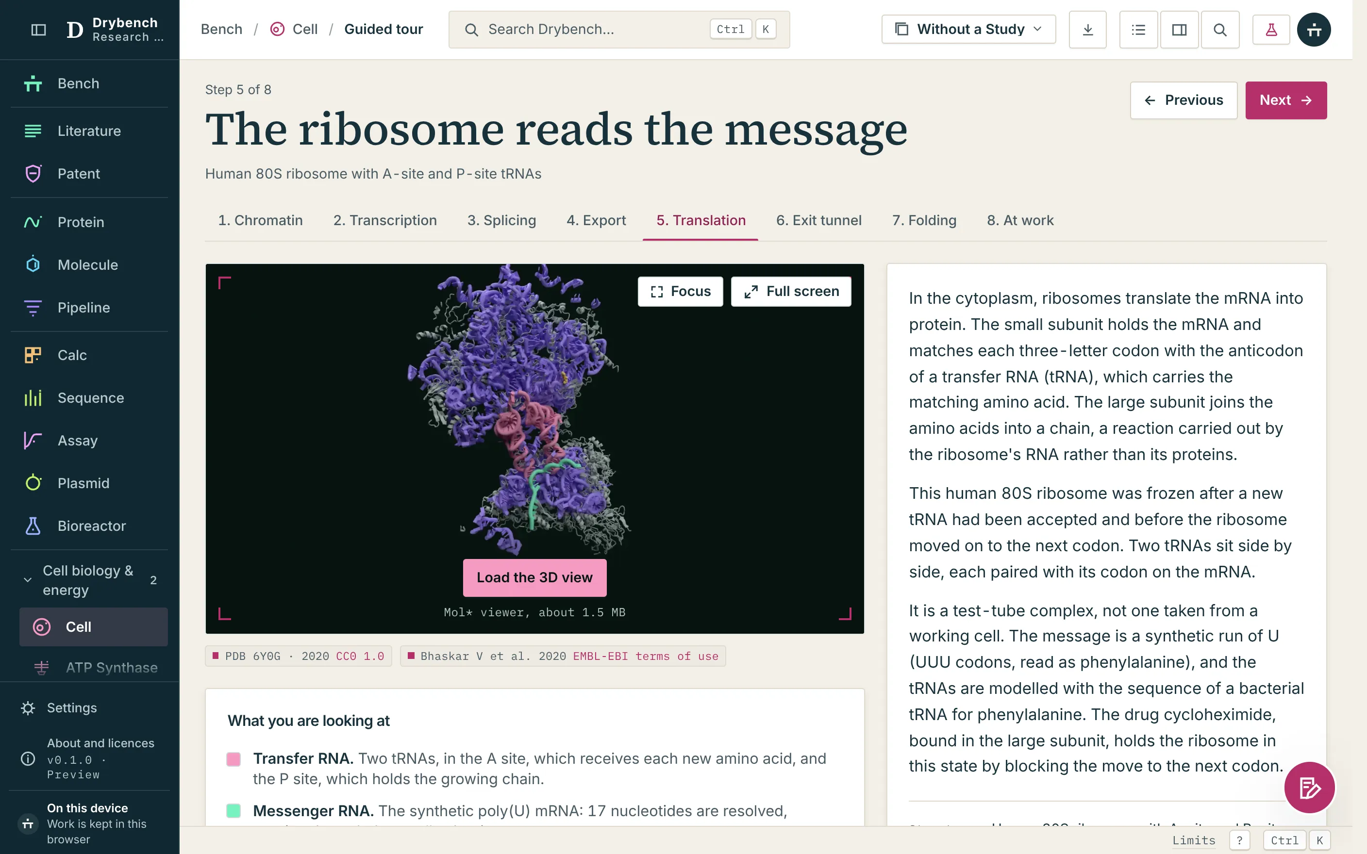 The tour at step 1: the nucleosome still on a dark stage beside the step text, with the eight steps listed.