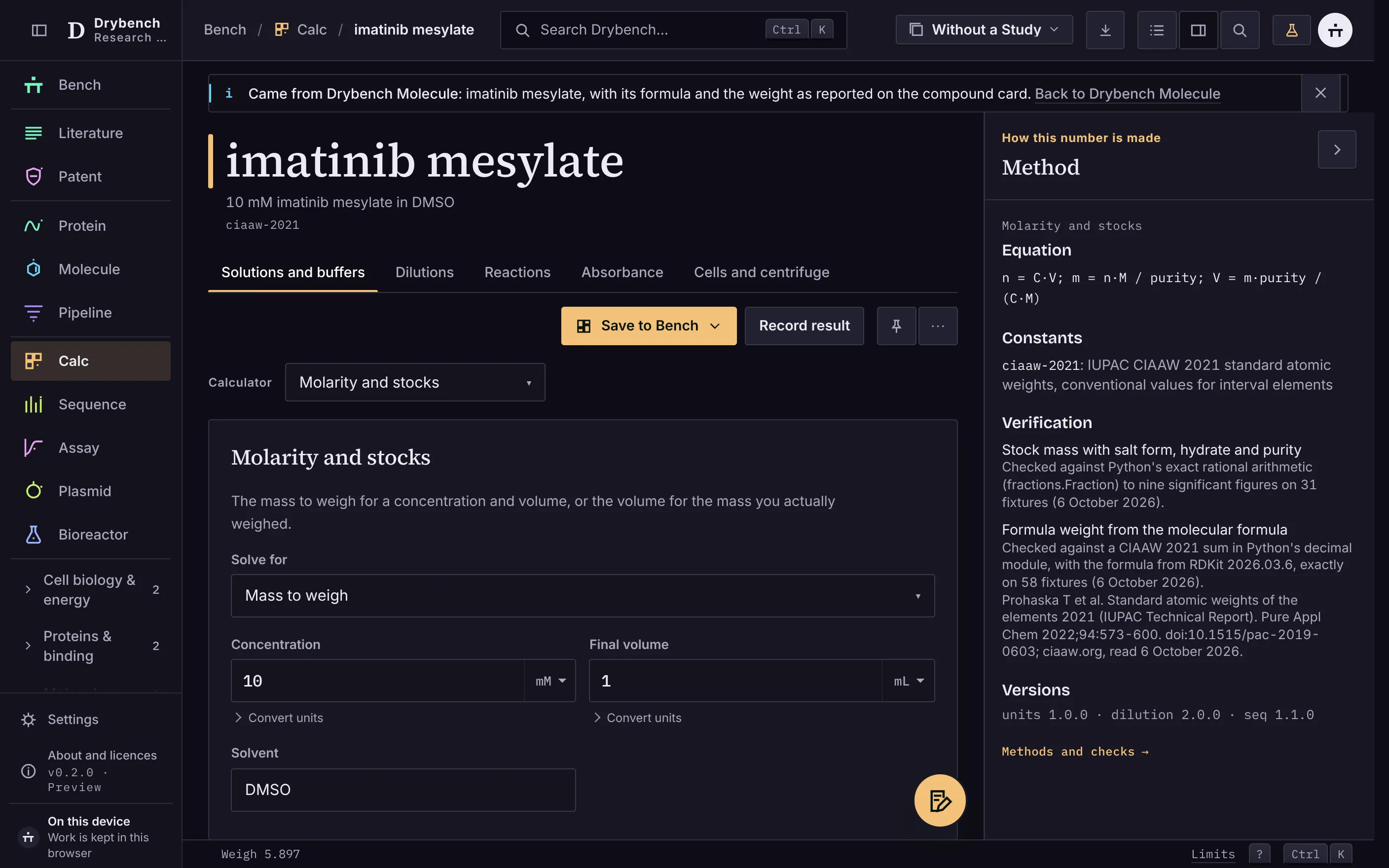 The bench sheet with an imatinib mesylate stock: the mass to weigh, the parent's shortfall and the C1V1 dilution beneath it.