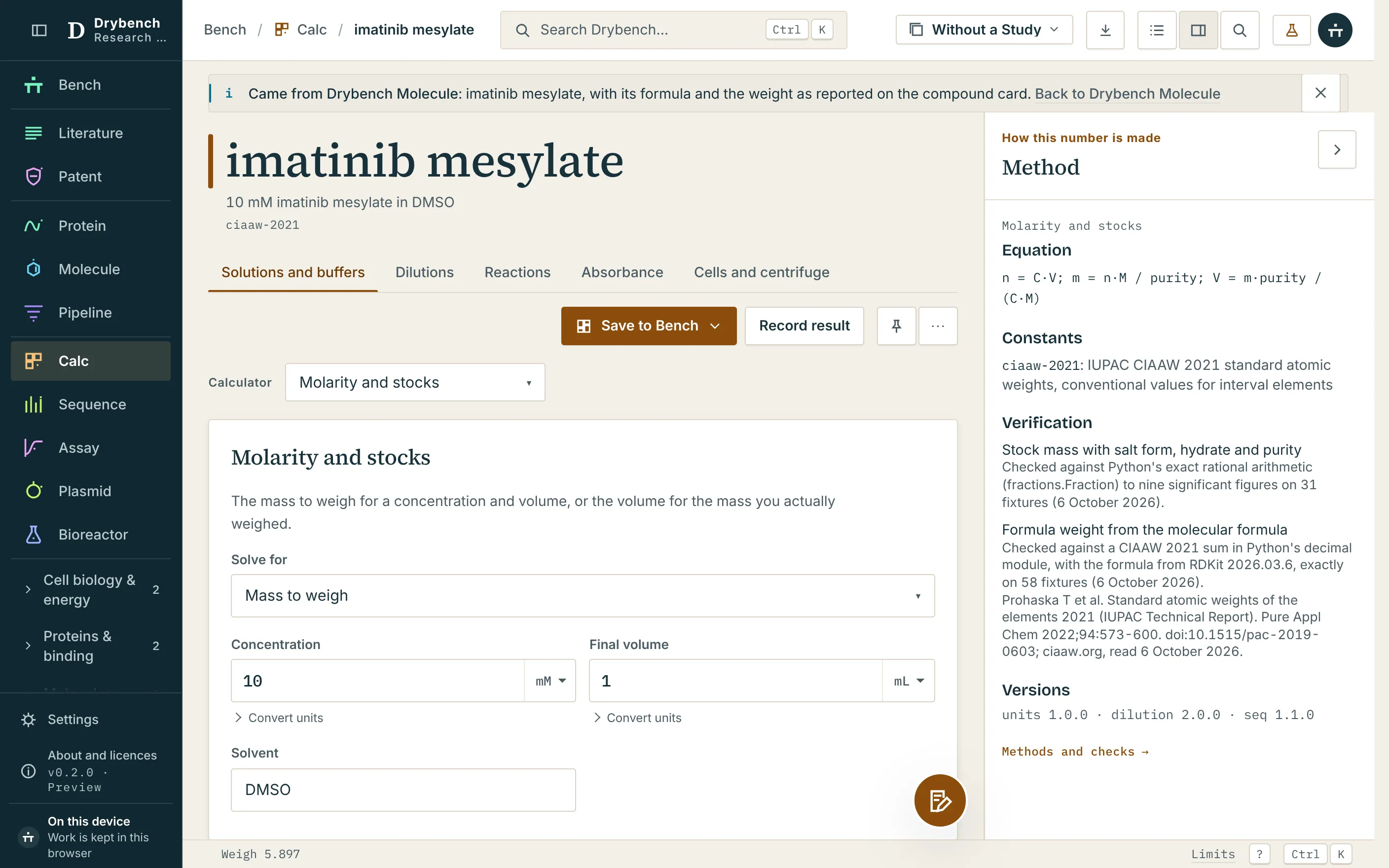 The bench sheet with an imatinib mesylate stock: the mass to weigh, the parent's shortfall and the C1V1 dilution beneath it.