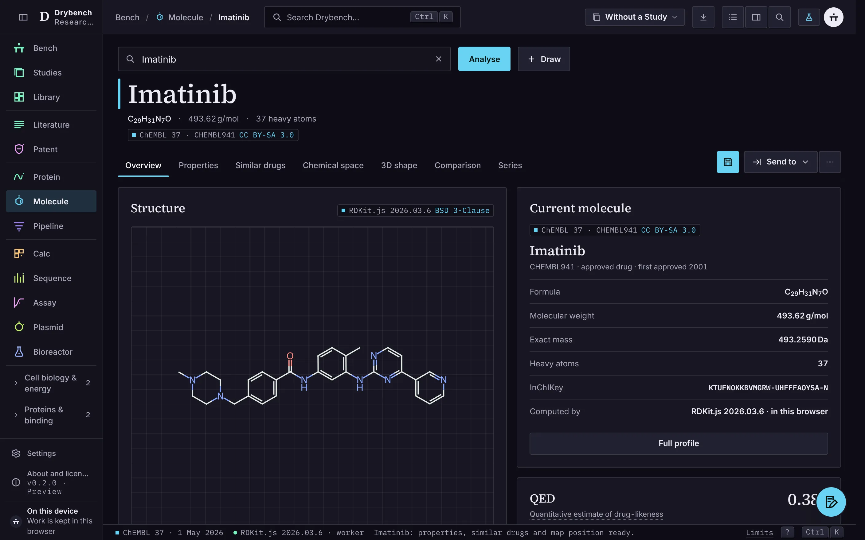 The molecule app showing imatinib: its structure, formula, molecular weight and other descriptors, with its ChEMBL source and licence.