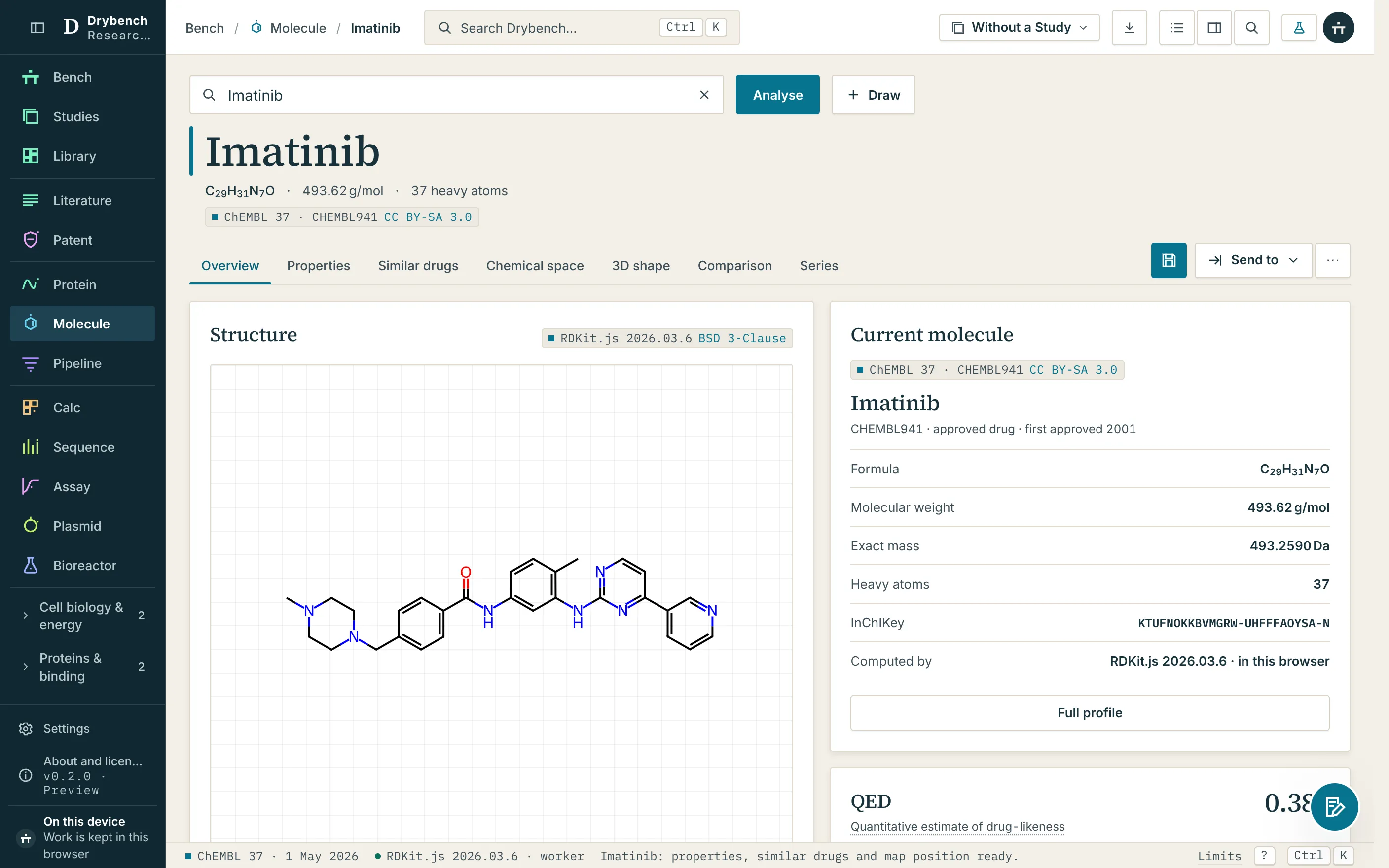 The molecule app showing imatinib: its structure, formula, molecular weight and other descriptors, with its ChEMBL source and licence.