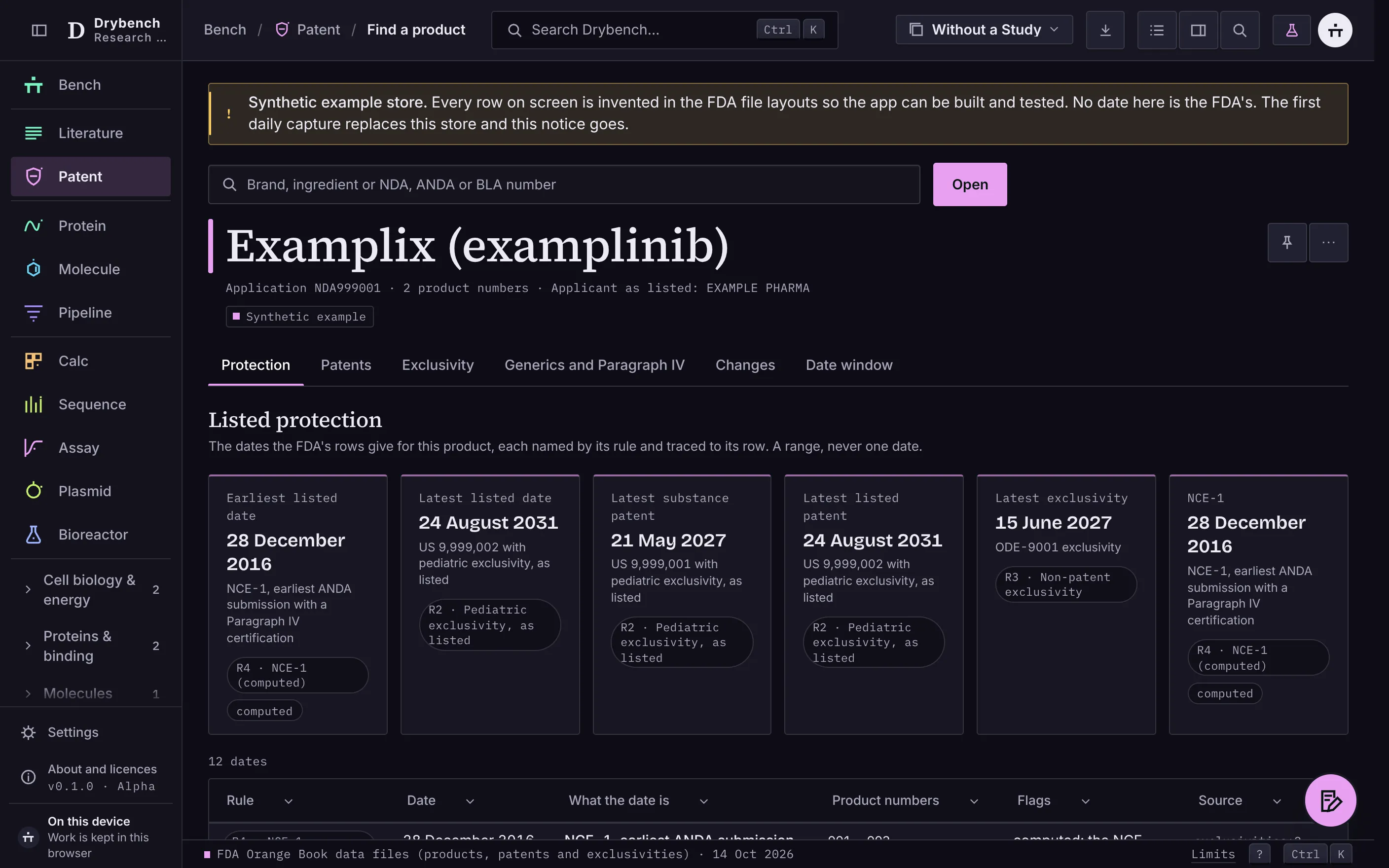 The patent app showing a synthetic example product: the range of listed protection with its rules, then the listed patents and exclusivities with their dates.