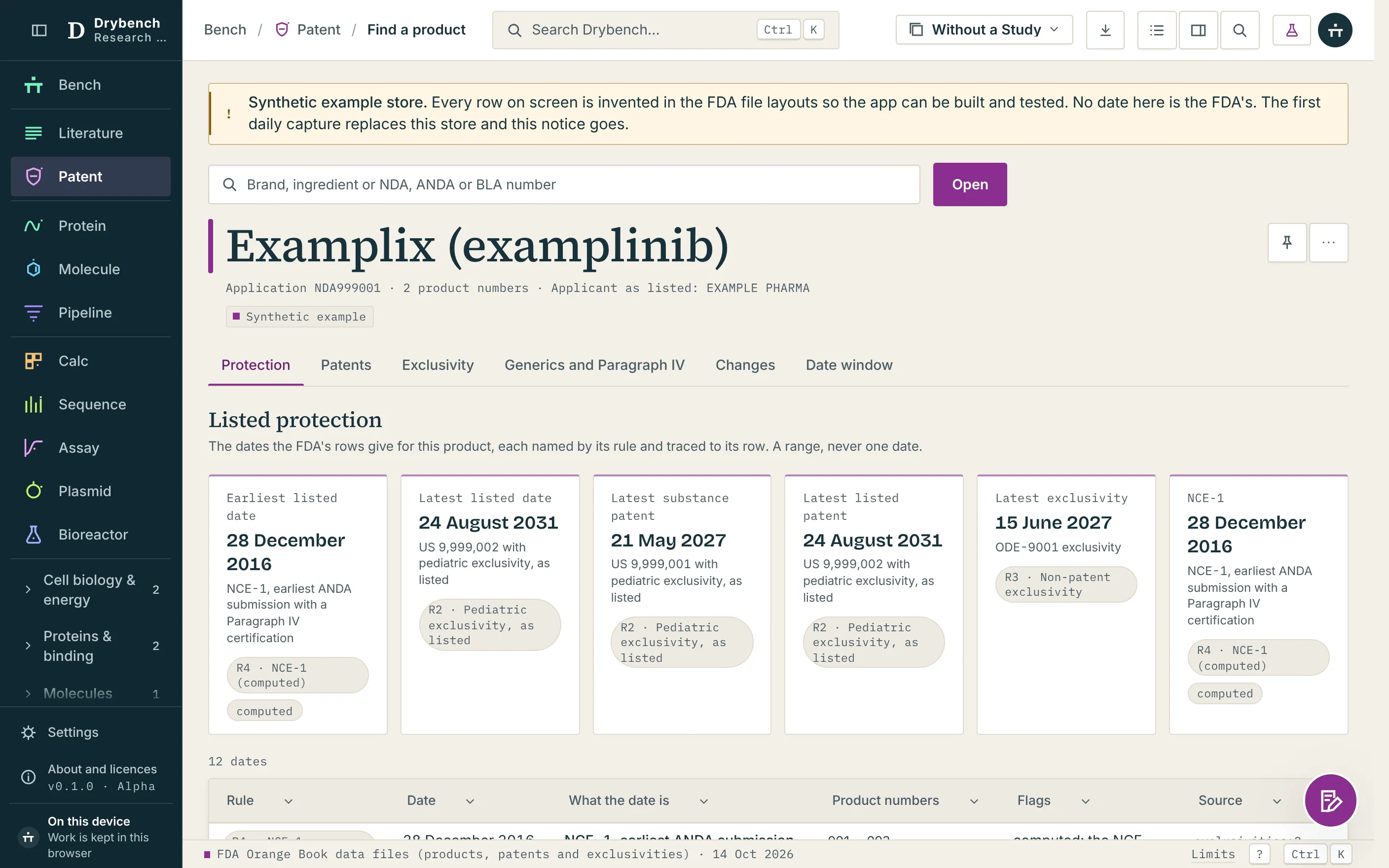 The patent app showing a synthetic example product: the range of listed protection with its rules, then the listed patents and exclusivities with their dates.
