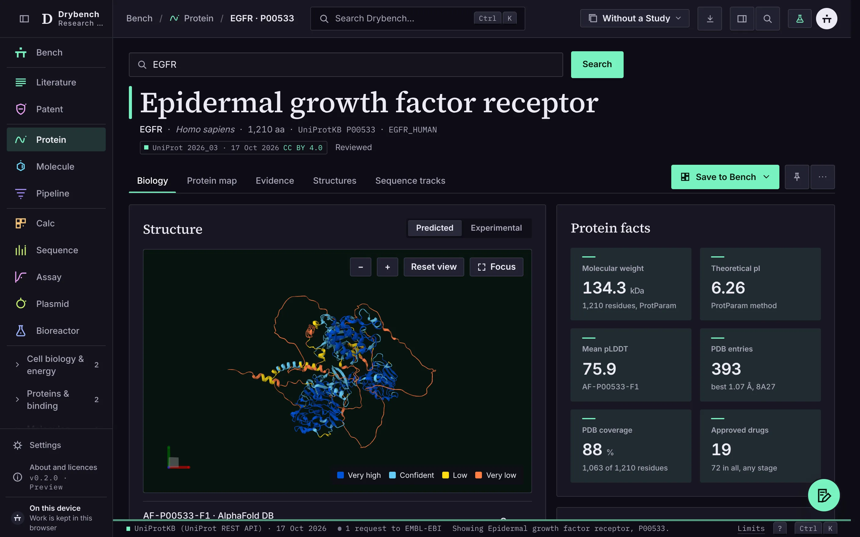 The protein app showing EGFR: the experimental structure beside its AlphaFold model, with the sequence tracks below.