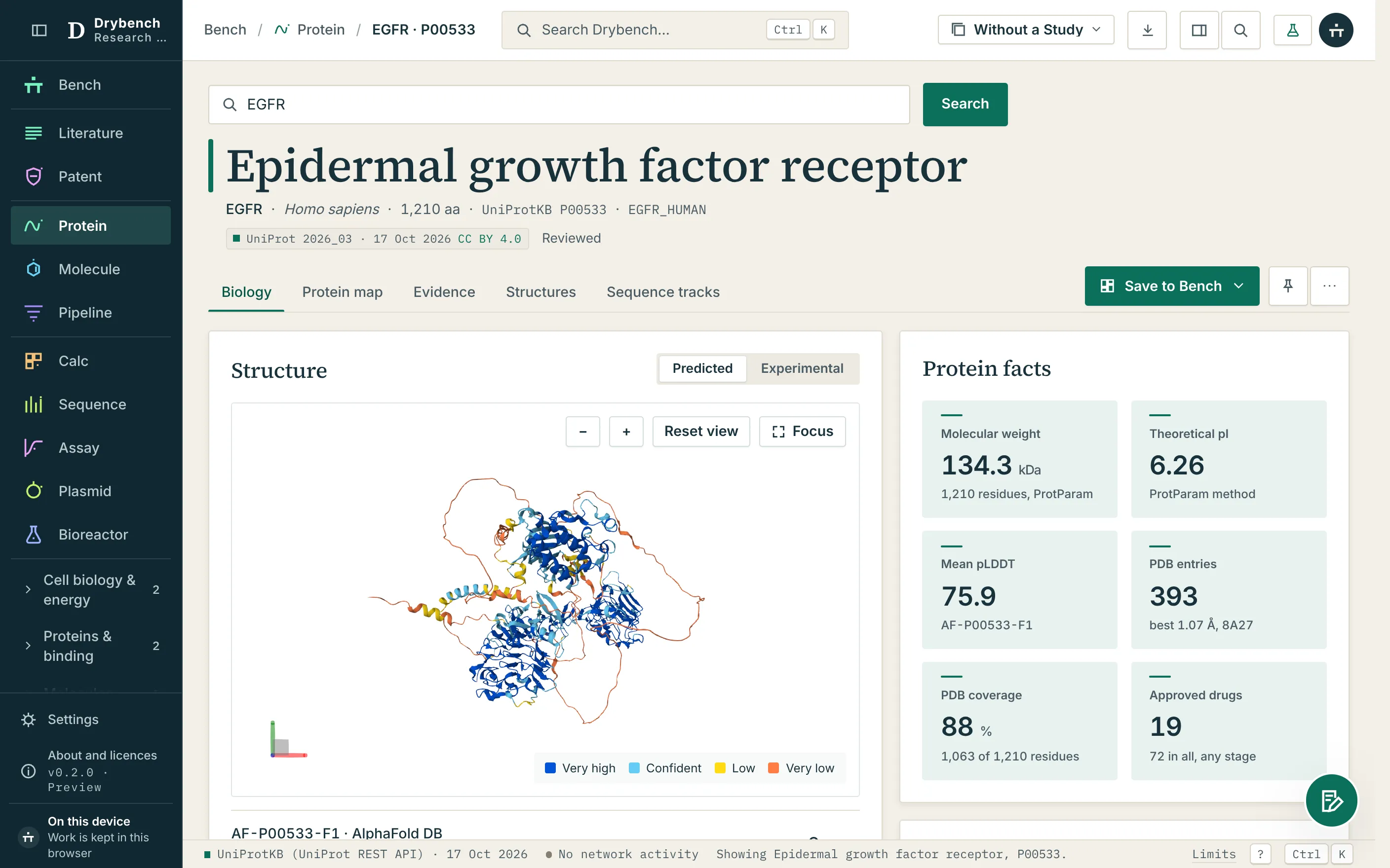 The protein app showing EGFR: the experimental structure beside its AlphaFold model, with the sequence tracks below.