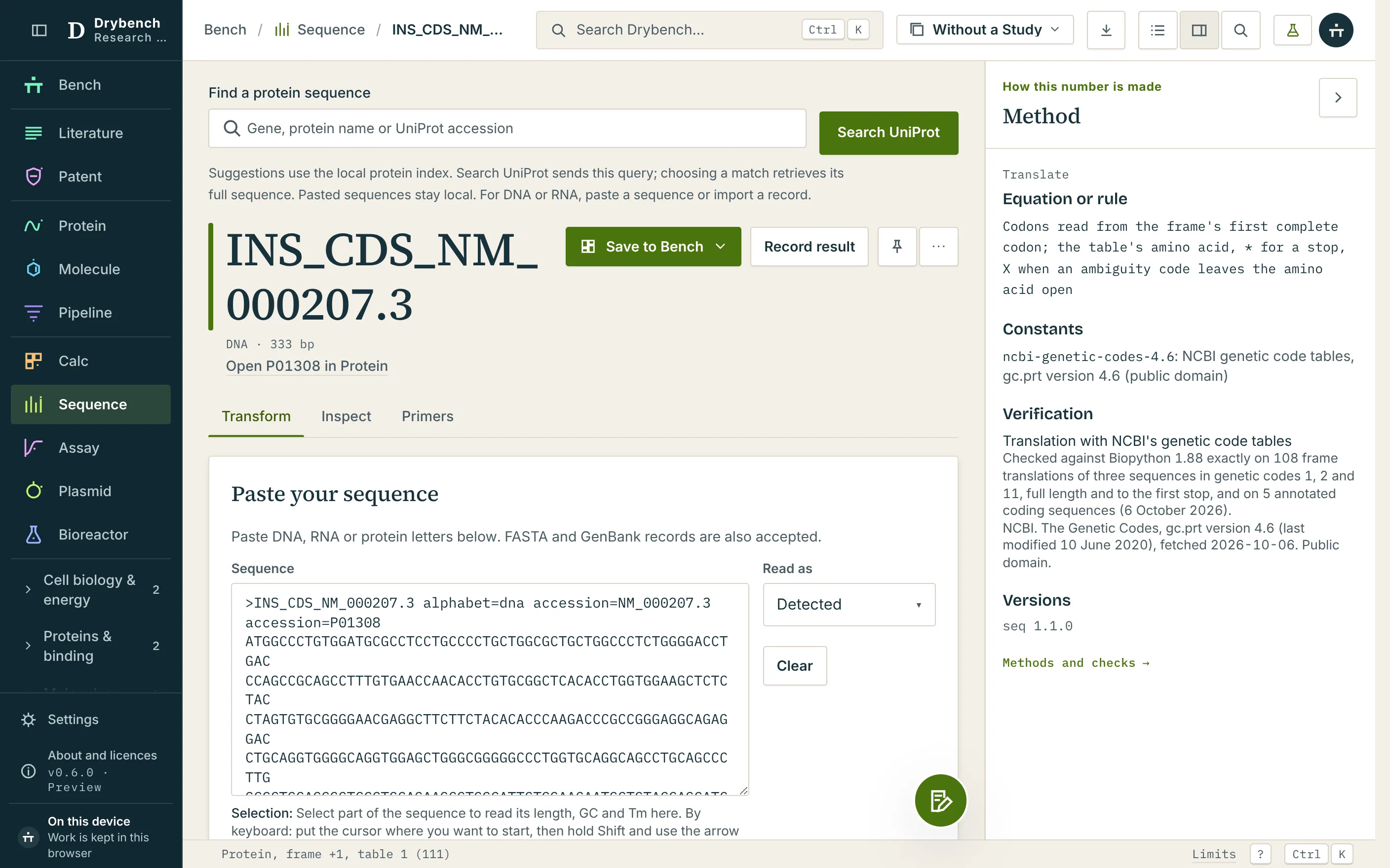 The sequence workbench with human preproinsulin pasted: its translation, molecular weight and isoelectric point, each with its method.